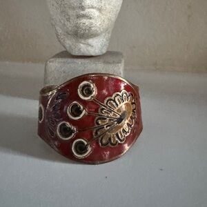 Vintage Hand-Painted Cloisonné-Style Cuff Bracelet Red‎ & Gold Floral Design
